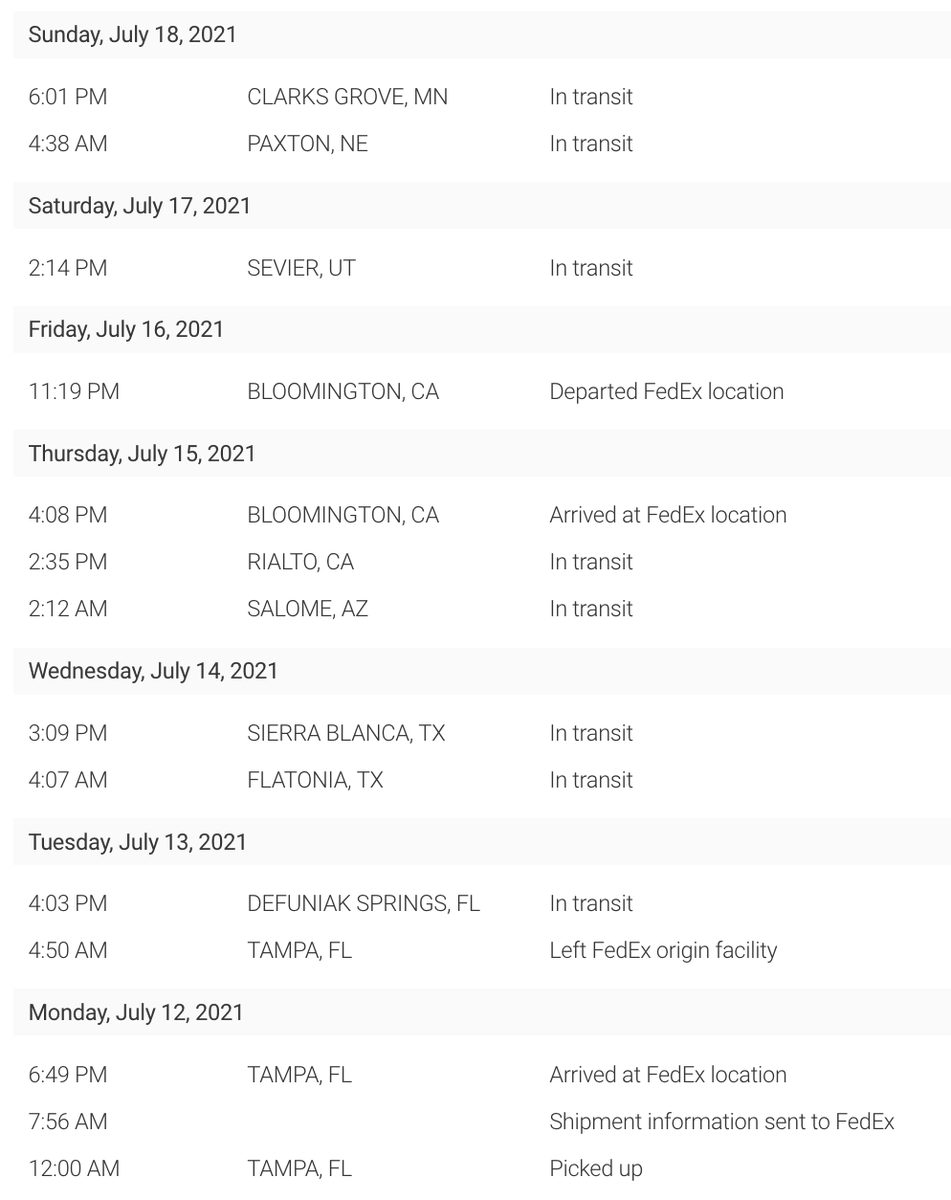 pkcourtney's tweet image. @FedExHelp @FedEx Shipping anything these days is difficult, but how does a package that was supposed to be delivered to Huntington Beach, CA make it from Tampa, FL to Bloomington, CA and then turn back east and is now in Clarks Grove, MN?? 🙄🤨🤔🤦#pandemic_woes #delayedshipment