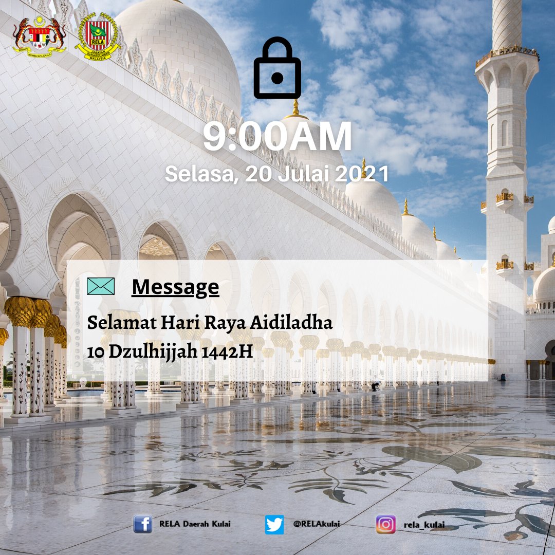 RELAkulai's tweet photo. Selamat Menyambut Hari Raya Aidiladha kepada semua umat islam. Sentiasa Patuhi SOP

#SetiaBerbakti 
#PatuhiSOP

@yahyakgc @SazaliZin @msrz81 @KDNPUTRAJAYA @Hasni_Johor @relamalaysia @normanosak @mohdzainolrazak https://t.co/Gr3nGF7ADM
