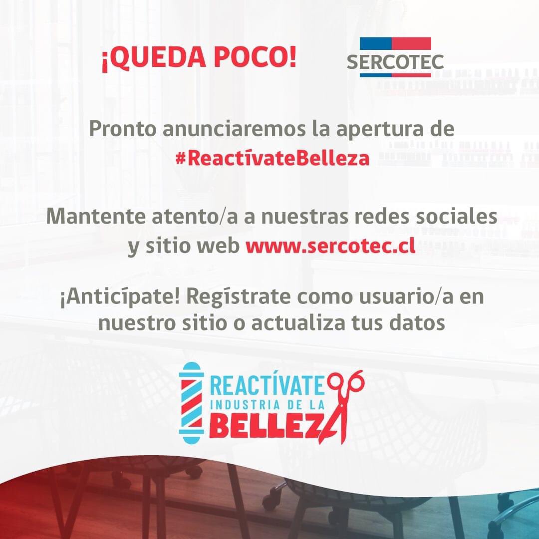 vtroncosoh's tweet photo. 🚨🚨ATENCIÓN AMIG@S DEDICADOS AL RUBRO DE LAS PELUQUERÍAS Y BELLEZA 💇🏼💇🏼‍♂️💆🏽‍♀️💅🏻

SERCOTEC abrirá mañana martes 20 de julio a las 12:00 la convocatoria a #ReactívateBelleza.

Más información  disponible en https://t.co/RcfybhQuHQ 👈🏻 o en mis redes sociales en los próximos días 😉. https://t.co/65PLKotepp