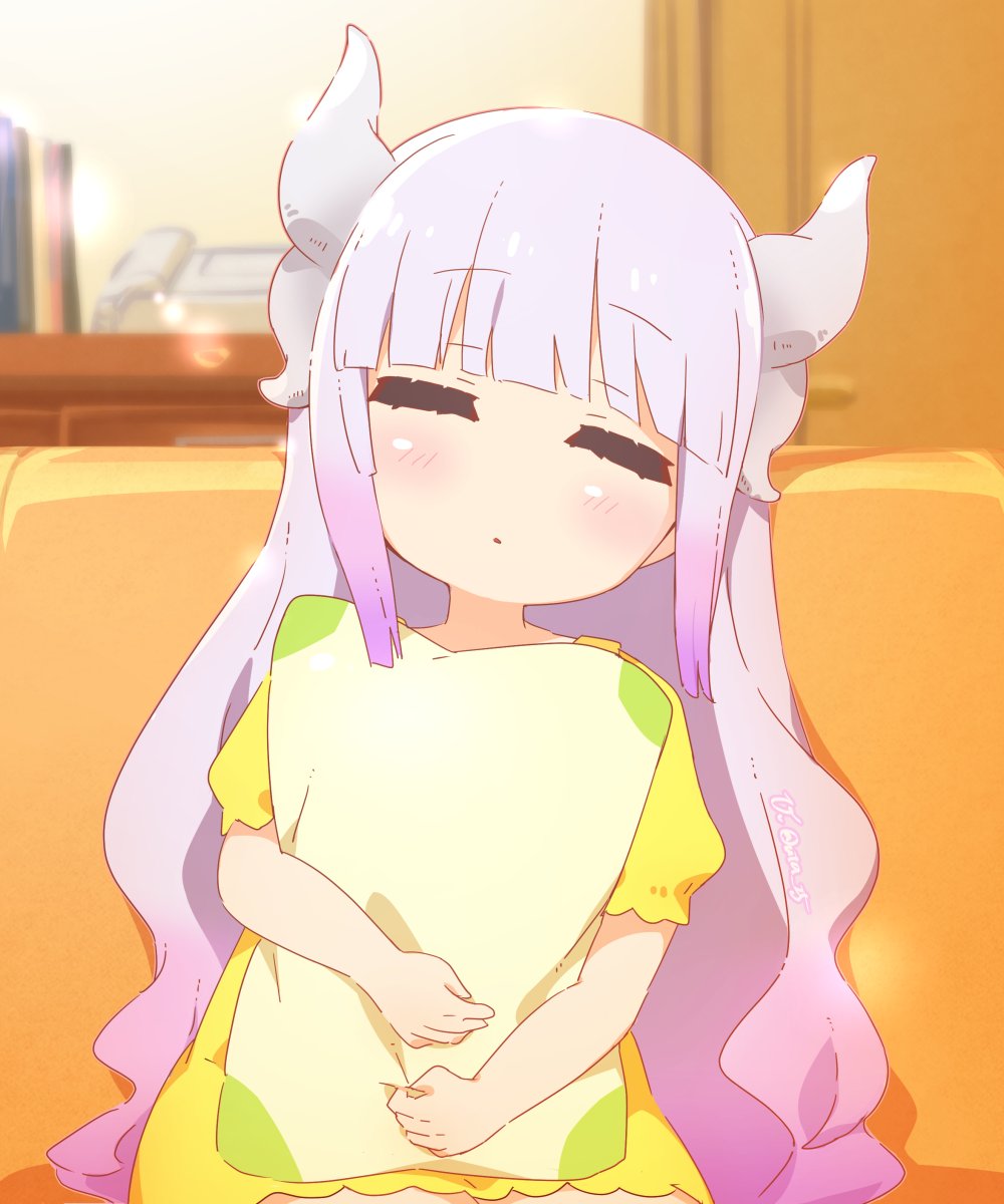 kanna kamui 1girl horns solo long hair closed eyes dragon horns object hug  illustration images