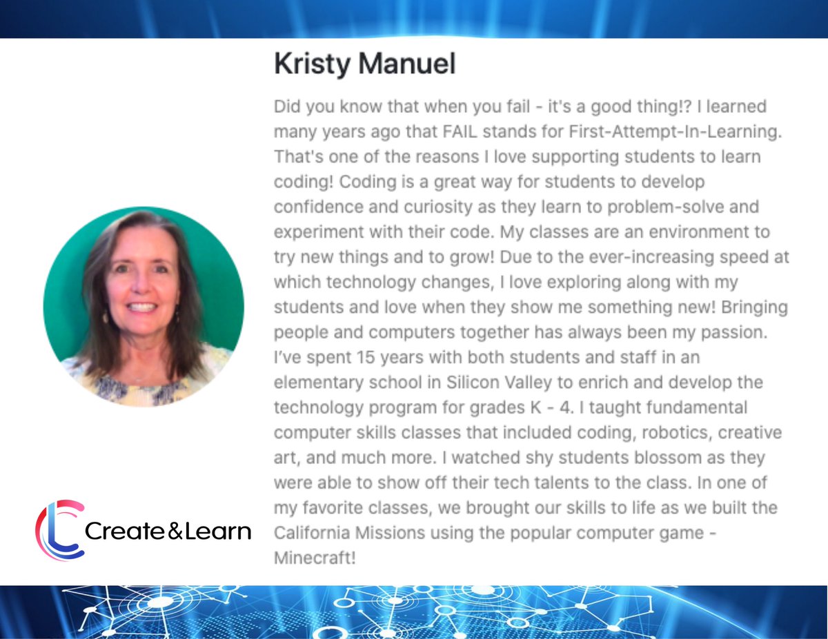 CreateLearnSTEM's tweet photo. 🚀 Teacher Feature 🚀 

Meet our amazing Scratch Ninja teacher, Kristy! Join Kristy for a FREE Intro class today! https://t.co/0gTLKkts1V

#onlinelearning #education #STEM #Coding #Scratch https://t.co/7eFYz5Endo