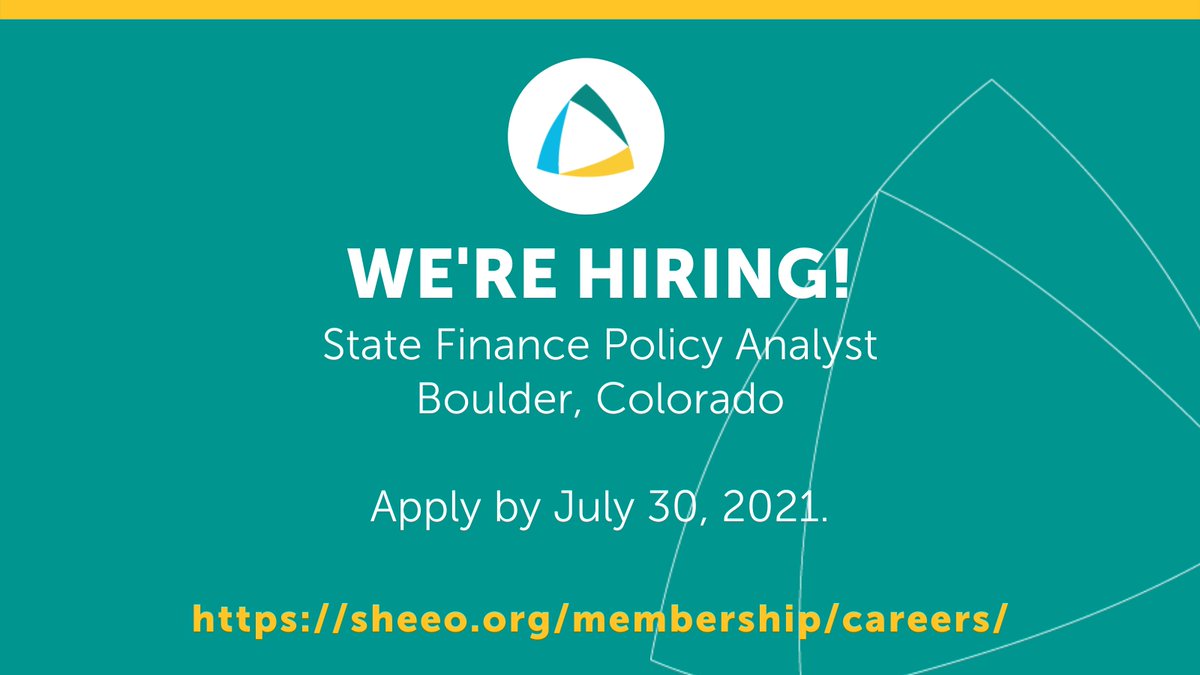 SHEEO is accepting applications for a state finance policy analyst based in Boulder, Colorado. For the full job description and more information, visit bit.ly/3qCqJo6. For full consideration, please apply by next Friday, July 30!