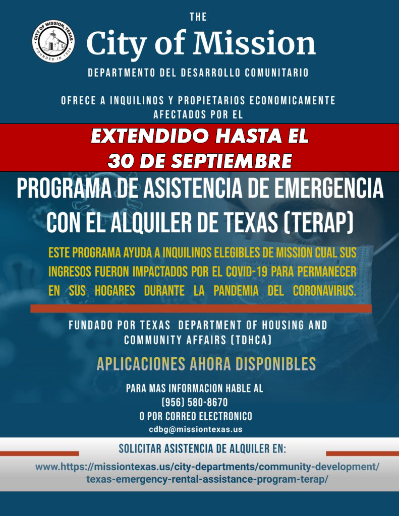 CityOfMissionTX's tweet photo. 😁 AWESOME NEWS! The DEADLINE has been EXTENDED to Sept. 30! If you or your tenants are struggling with rent payments in Mission because of COVID-19, TERAP may be able to help. Applications are currently being accepted. For more information, call 956-580-8670 https://t.co/FnWjqPImV4