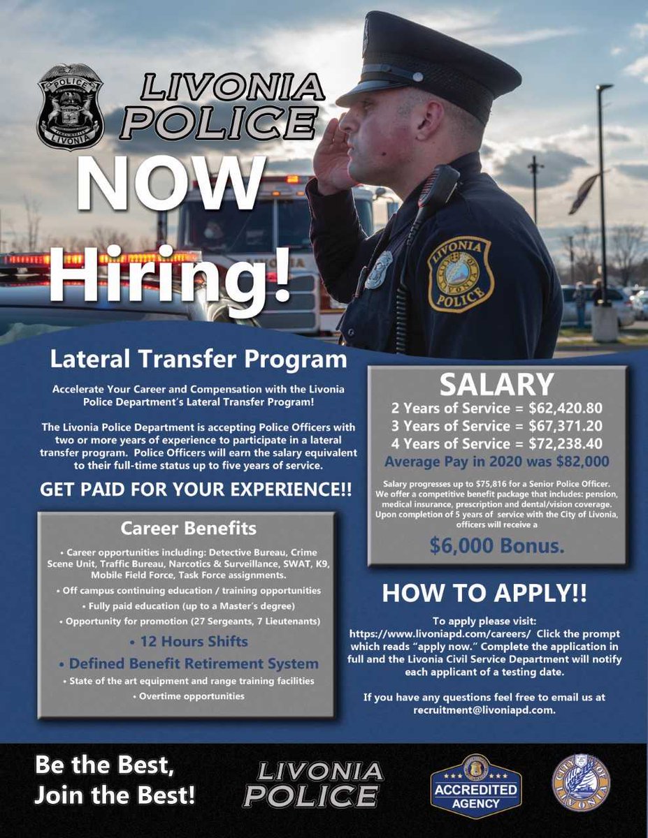 MiLivonia's tweet photo. Livonia Police Department Now Hiring! Be the Best, Join the Best!
Career benefits include 12-hour shifts, Defined Benefit Retirement System, overtime opportunities and MUCH MORE!
https://t.co/PrFhTohUZx https://t.co/qJtxOmBTym