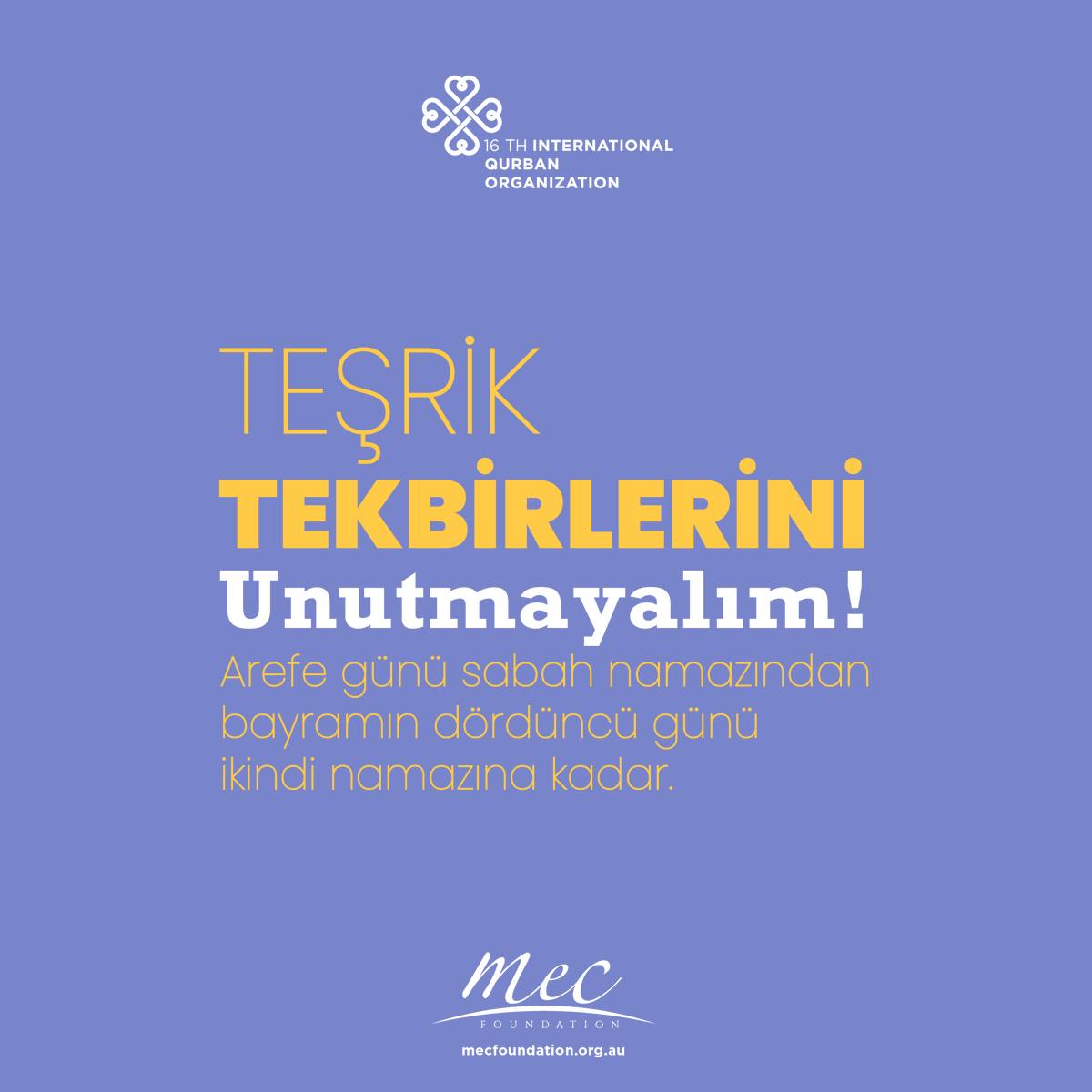 mecvakfi's tweet image. Let&apos;s not forget Tashrik Takbirs...
Starting form Fajr Prayer on the eve of Eid until Asr prayer on the 4th day of Eid.

#DoItRight #DoItForAllah #EidAlAdha #Eid1442