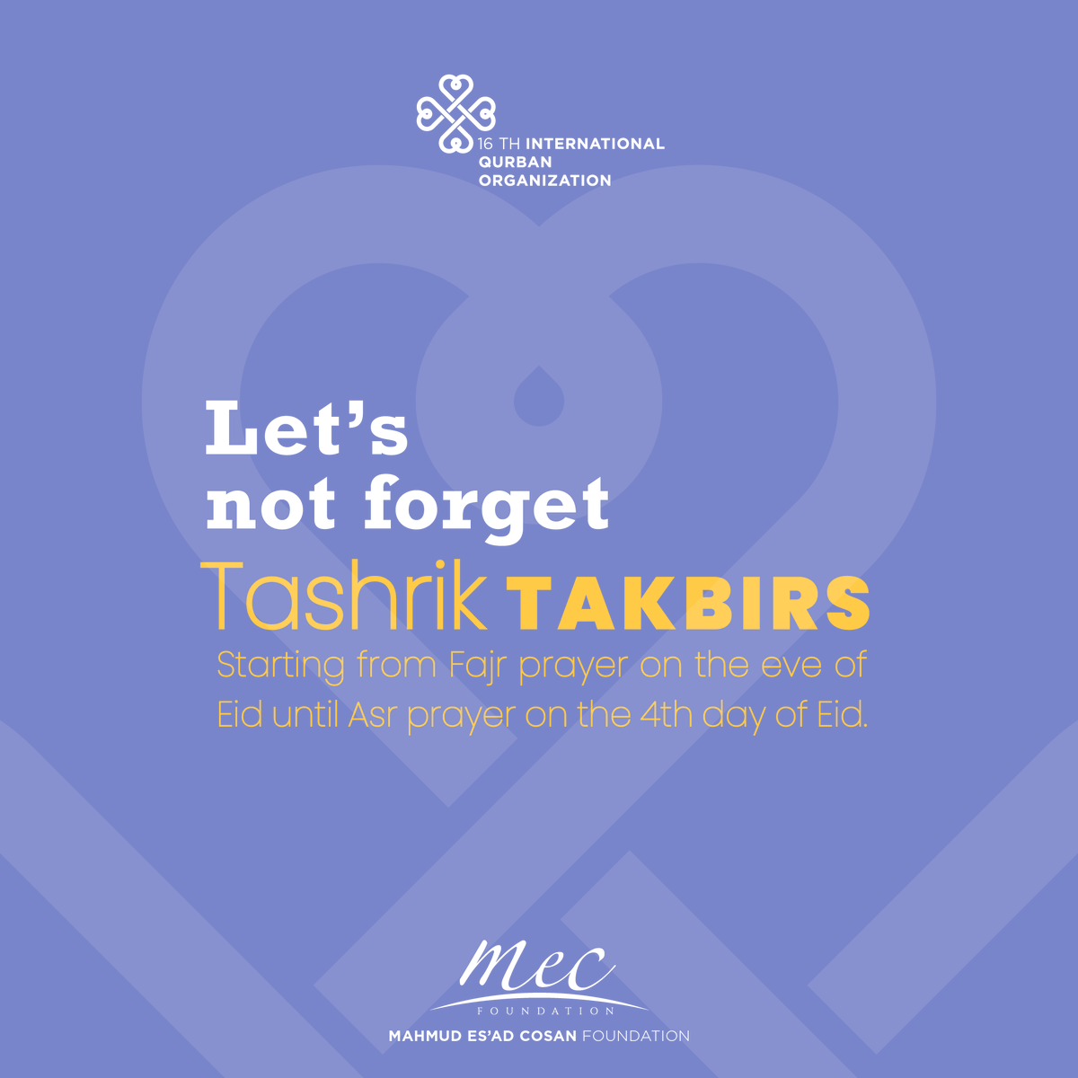 mecvakfi's tweet image. Let&apos;s not forget Tashrik Takbirs...
Starting form Fajr Prayer on the eve of Eid until Asr prayer on the 4th day of Eid.

#DoItRight #DoItForAllah #EidAlAdha #Eid1442