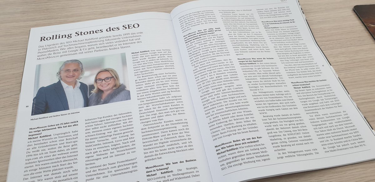 promomasters's tweet image. Rolling Stones des SEO lautet die Überschrift im aktuellen #MedienManager Magazin. Ein Rückblick auf 25 Jahre #SEO mit unserem Gründer Michael Kohlfürst, der Geschichte von #PromoMasters bis hin zum Einstieg von Andrea Starzer. Vielen Dank an Otto Koller.