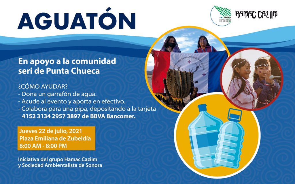 plogging_hmo's tweet photo. 💦AGUATÓN POR LOS SERIS💦
#Aguaton #comunidadcomcaac 
Unámonos con la comunidad Comcáac, Nos necesitan, este jueves de 8 a 8 en en la plaza Emiliana de Zubeldia.
Iniciativa del #GrupoHamacCaziim y #SociedadAmbientalistaDeSonora
Aportación en especie, efectivo o depósito. https://t.co/twROti3HOM