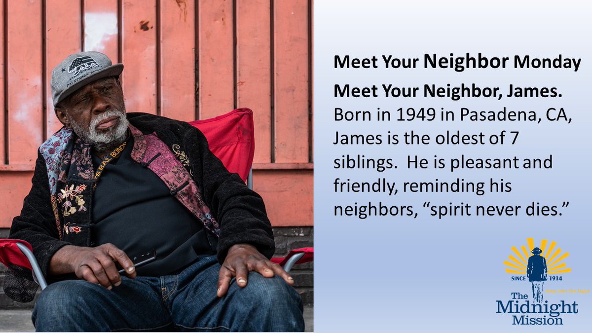 midnightmission's tweet photo. This week's Meet Your Neighbor is James. #meetyourneighbor #themidnightmission #themidnight #thisistheday #tmm #midnightmission #skidrow #skidrowlosangeles #losangeles #endhomelessness #homelessshelter #losangeleshomelessshelter #nonprofit #charity #donate #volunteer #volunteerla https://t.co/e3AwpaQzcm