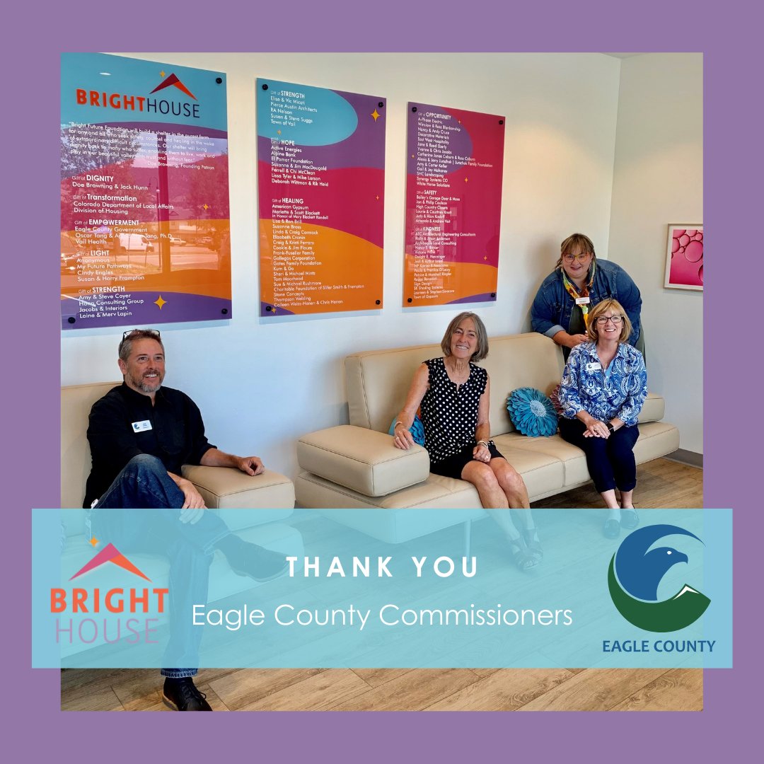 BrightFutureEC's tweet image. Thank you Eagle County Commissioners 
@EagleCOMatt, @KChandlerHenry &amp;amp; @JeanneMcQueeney for visiting the BrightHouse and for your continued support of survivors in our community. #SupportSurvivors #EagleCounty #MakingFuturesBright