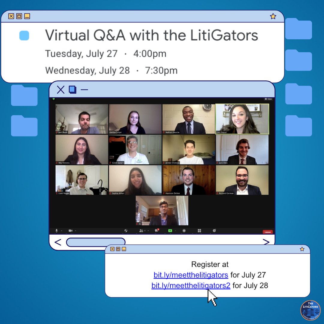 Want to know more about the LitiGators? Mark your calendars! Next week we will be hosting Virtual Q&amp;A sessions for you to ask questions and chat with current members of the team! Register at bit.ly/meetthelitigat… or bit.ly/meetthelitigat… 🐊