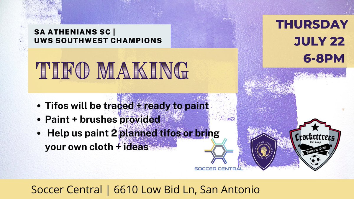 Before <a href="/SA_Athenians/">San Antonio Athenians SC</a>--UWS Southwest Champions--head to the <a href="/UWSSoccer/">United Women's Soccer (UWS)</a> National Championships this Friday in Round Rock, we've got some tifos to make! Join us this Thursday 6PM <a href="/SoccerCentralSA/">Soccer Central San Antonio</a> for a painting party, #AthenaFamily!
