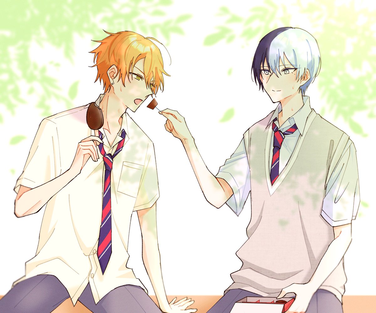 あきとふゆの夏 企画参加失礼します 暑い日に仲良くアイスを食べる彰冬です ノヤのイラスト