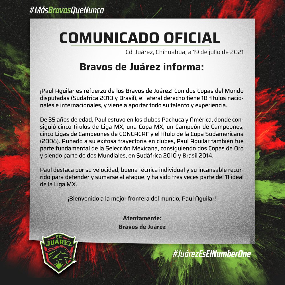 💚🐎/ ¡Habrá baile en la Frontera!

¡#PaulAguilar, el nuevo Bravo!

¡Seguimos con todo de cara al #Apertura2021!

¡VAMOS BRAVOS!

#MásBravosQueNunca #JuárezEsElNumberOne