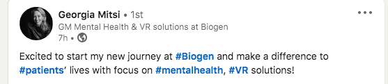 Former Sunovion digital healthcare leader <a href="/mitsi_georgia/">Georgia Mitsi</a> is now General Manager of Mental Health &amp; VR Solutions at Biogen. Georgia was VP of Strategic Partnerships at Penumbra after her tenure at Sunovion &amp; prior to joining Biogen. Congrats