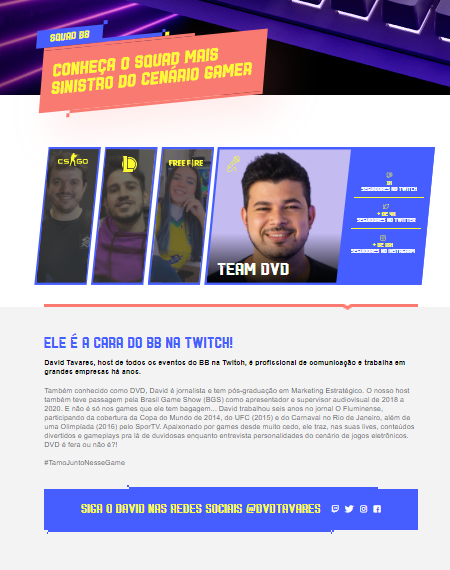 dvdtavares's tweet photo. Mais uma conquista nossa, time! Ganhei meu próprio perfil lá na plataforma gamer do @BancodoBrasil junto ao Squad BB: @Gaules, @anaxisde e @pimpimentalol.
Como sempre falo: um passinho de cada vez, no sapatinho a gente vai chegando. #TeamDVD https://t.co/fok3lkW7NJ