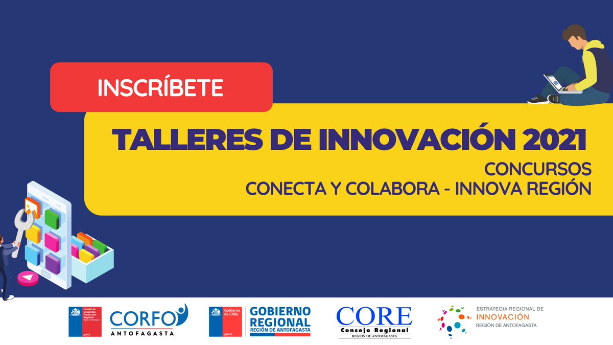 CorfoAntofa's tweet photo. Súmate a los talleres en torno a los concursos regionales #ConectayColabora e #InnovaRegión que desde el 19/07 están abiertos para tod@s l@s emprendedor@s y pymes que deseen reactivar su negocio a través de proyectos de #innovación.
INSCRÍBETE👉 https://t.co/ij8KVajPjV https://t.co/C2NFNpvBzI