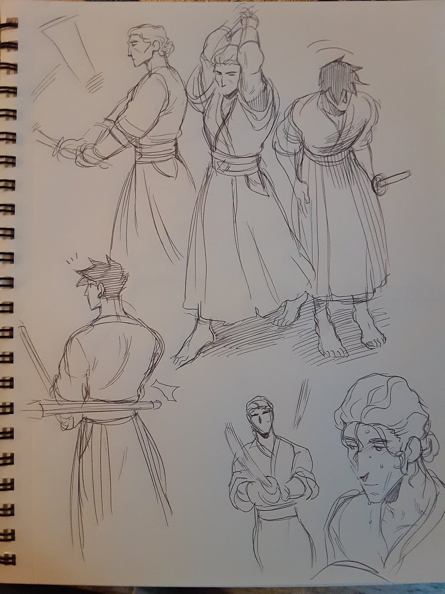 Some scroodly pen doodles of Achilles teaching kendo!! It deserves better art so I might revisit the concept later lol 