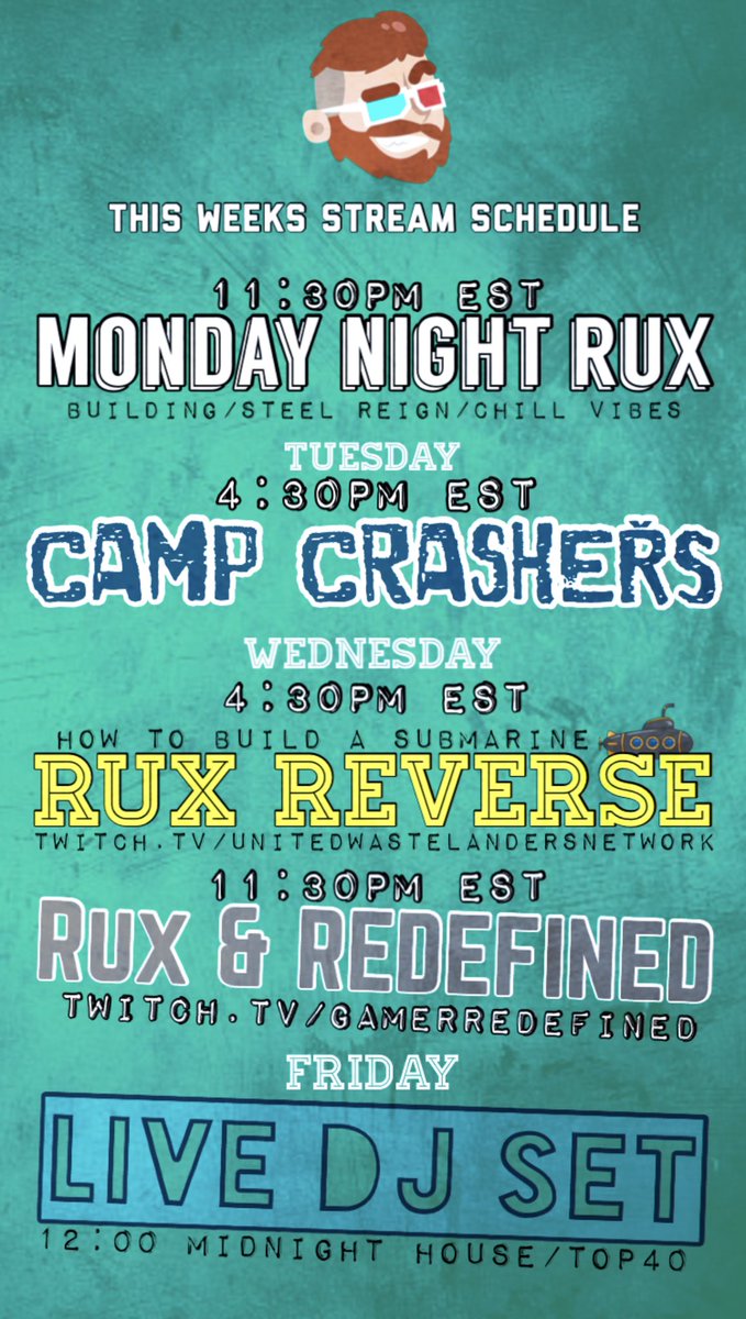 Rad_Rux's tweet image. .:This Weeks Schedule:.
IM BACK!
Come check me out this week on twitch.tv/radruxtv/. Weds night with @GREGBALLARDGR on twitch.tv/gamerredefined with another Rux &amp;amp; Redefined! Then I’m giving you some bangers Friday night with a live DJ set! 
.
#fallout76 #fallout #dj #twitch