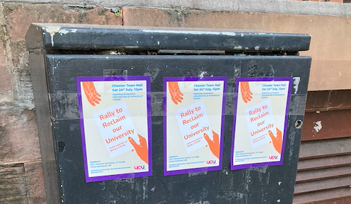 PRIZES* for people who post pics of these flyers in Chester!!!

Let's see JUST HOW CLEARLY we can communicate our disapproval to the VC.

RALLY TO RECLAIM OUR UNIVERSITY, 12pm, Sat 24 July, Chester Town Hall.

*To be redeemed at the #reclaimouruniversity rally 😉
