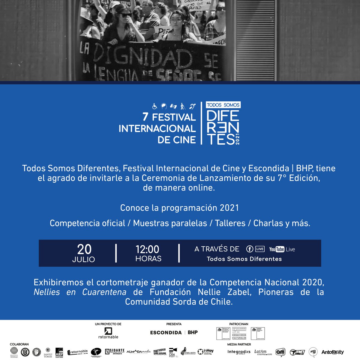 diferentesfest's tweet photo. 📽️ ¡No te pierdas la Ceremonia de Lanzamiento de la 7ª Edición del Festival de Todos Somos Diferentes 2021!

📌 Están tod@s invitad@s este martes 20 de julio a las 12:00 hrs a través de las cuentas de Todos Somos Diferentes en Facebook Live y YouTube Live 

#CeremoniaTSD #TSD2021 https://t.co/cahe31I1J2