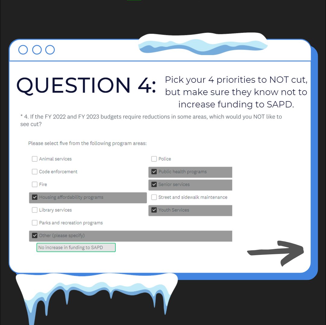 DefundPoliceSA's tweet image. 3/ Like other budget initiatives by the city, the survey is purposely built to make it hard to tell them that we want communities and not cops, so here is a guide as you take it to best communicate that it’s time to #FreezeSAPD

bit.ly/SASpeakUp21