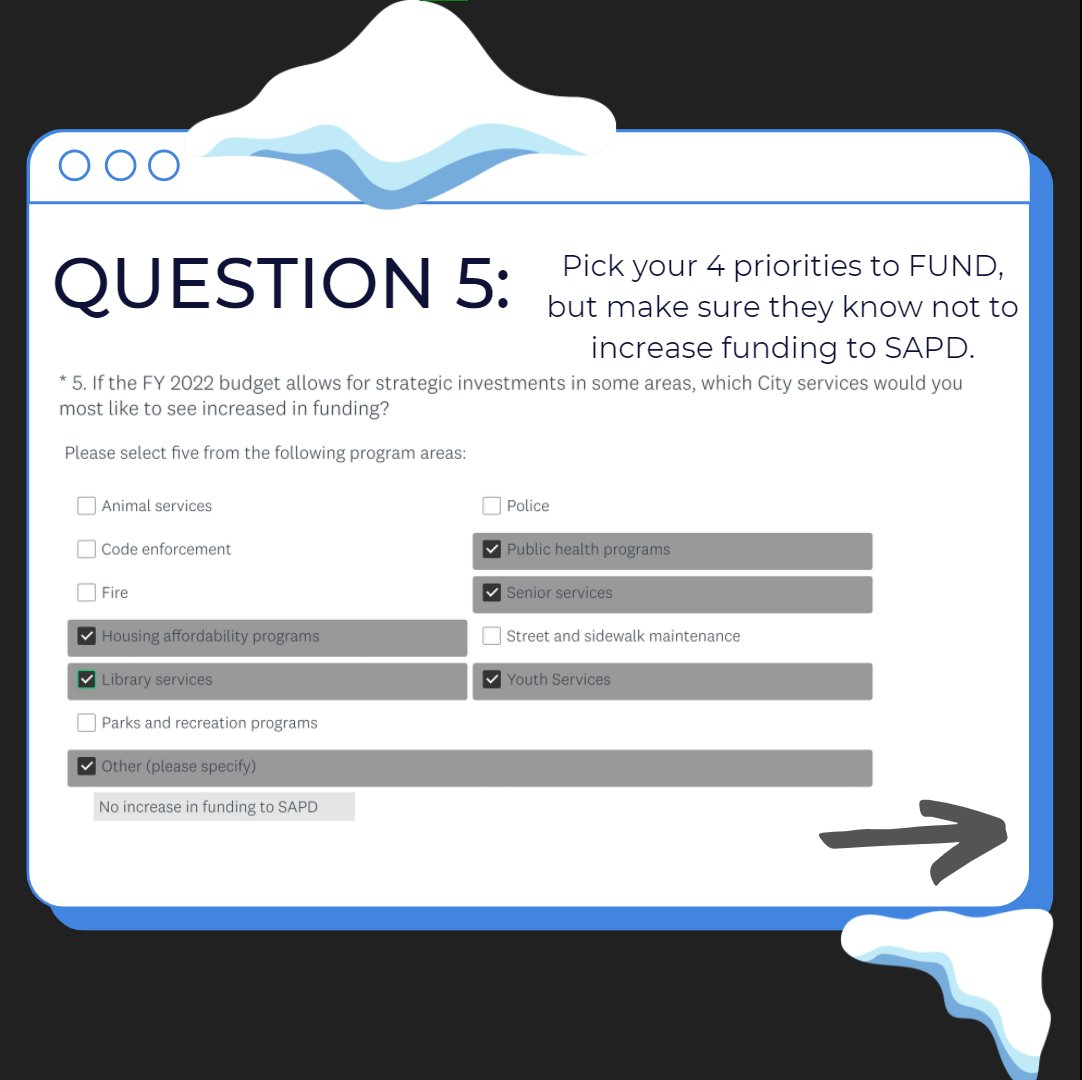 DefundPoliceSA's tweet image. 3/ Like other budget initiatives by the city, the survey is purposely built to make it hard to tell them that we want communities and not cops, so here is a guide as you take it to best communicate that it’s time to #FreezeSAPD

bit.ly/SASpeakUp21
