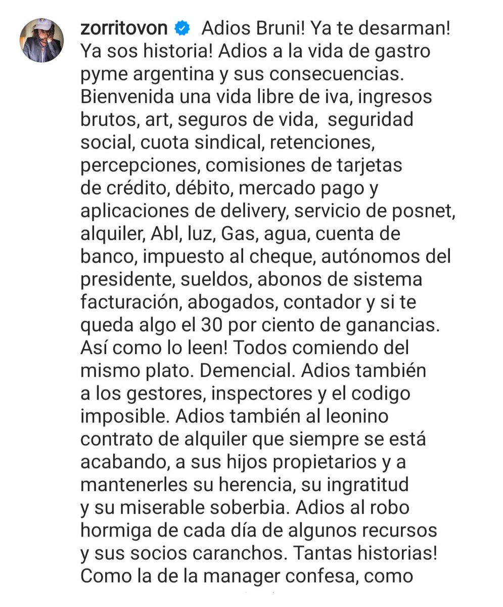 Alerta140's tweet photo. 🇦🇷 | #VIRAL

El descarnado posteo del @ZorritoVon Quintiero por el cierre de su restaurant "Bruni". https://t.co/F0OjNXEGSc