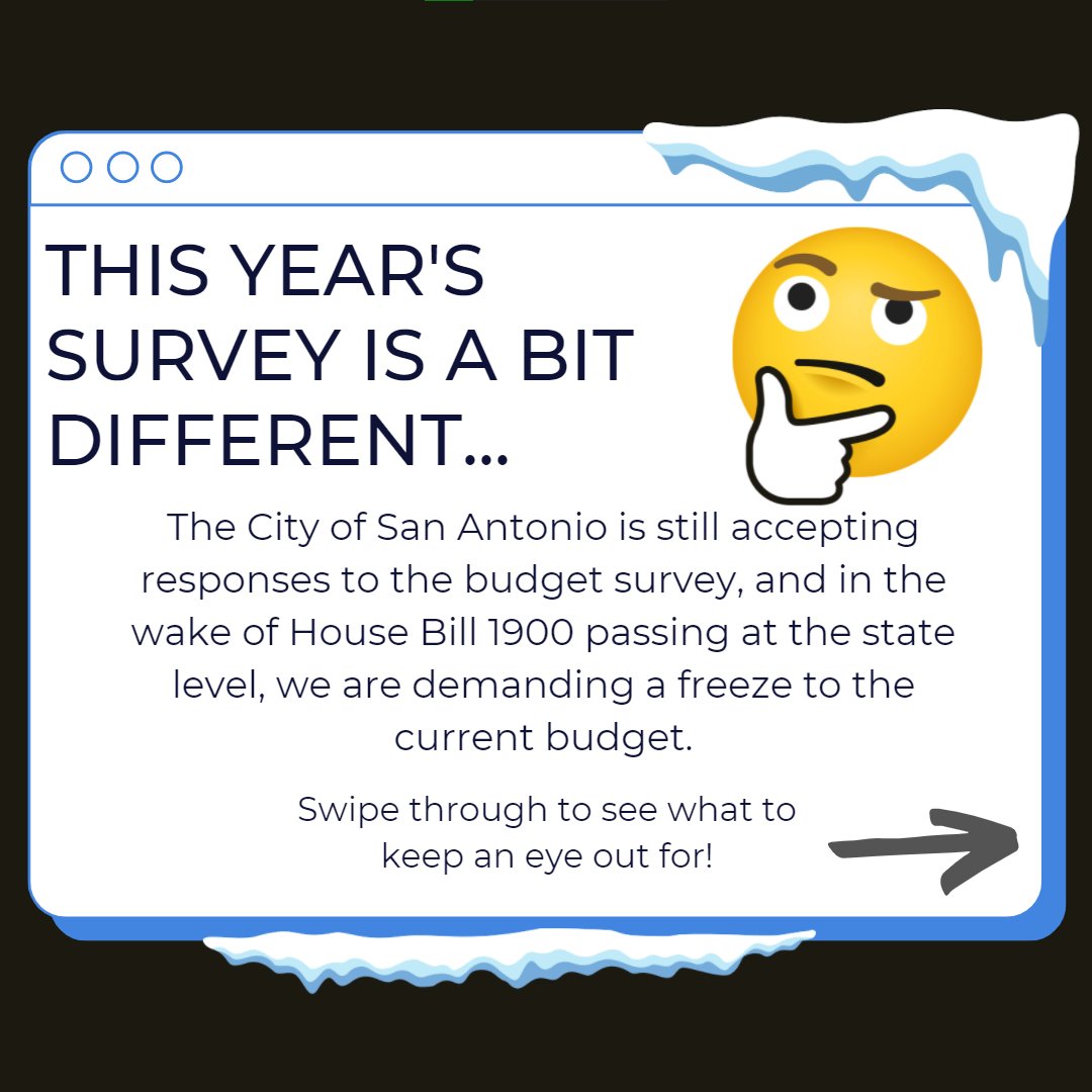 DefundPoliceSA's tweet image. The new deadline for the SA Speakup budget survey is this Friday, and that gives us #5DaystoFreeze!

Today is F: #FreezeSAPD

Take the survey and tell @COSAGOV what real San Antonians want our budget to look like!
bit.ly/SASpeakUp21

More info in 🧵