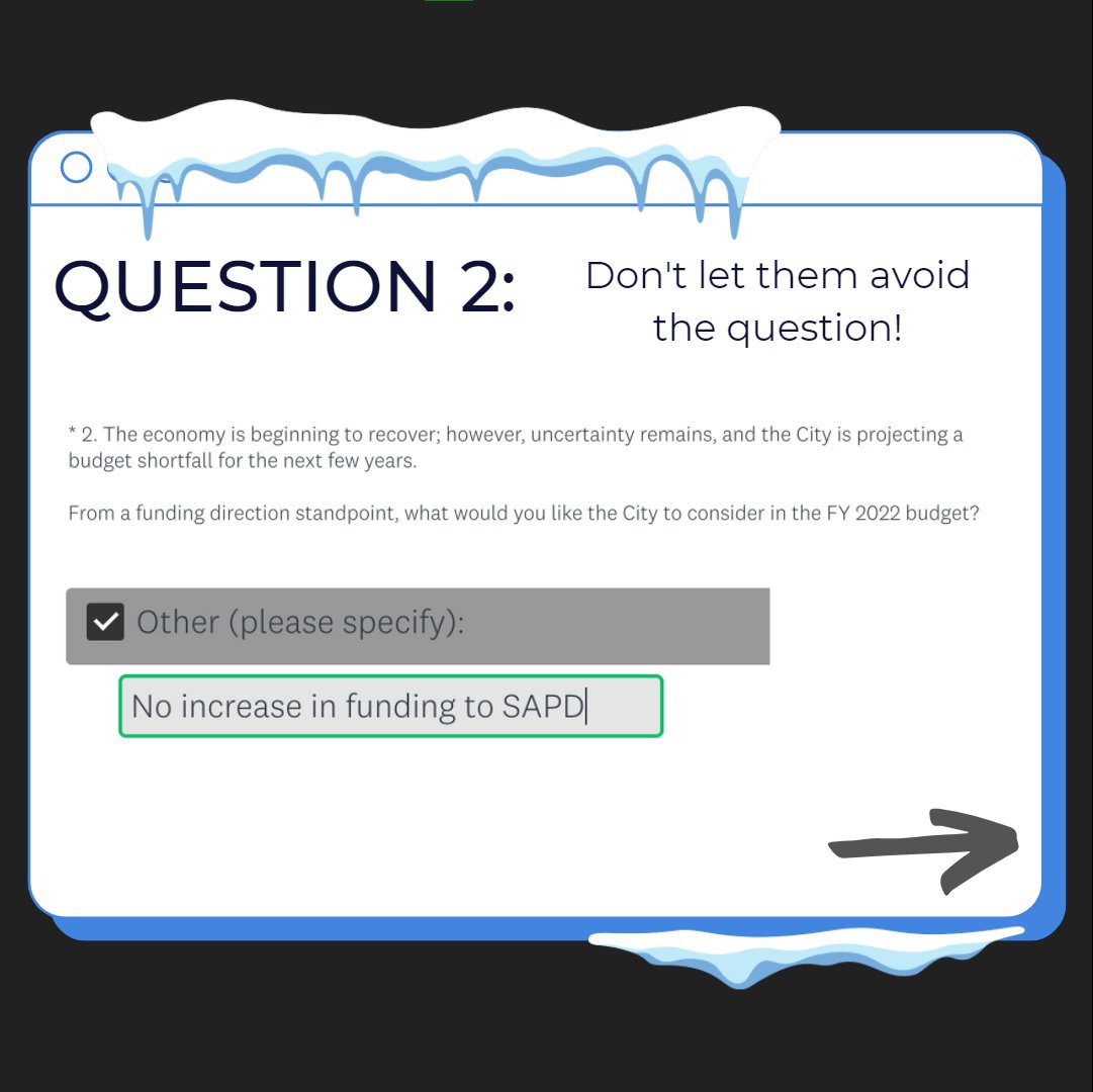DefundPoliceSA's tweet image. 3/ Like other budget initiatives by the city, the survey is purposely built to make it hard to tell them that we want communities and not cops, so here is a guide as you take it to best communicate that it’s time to #FreezeSAPD

bit.ly/SASpeakUp21