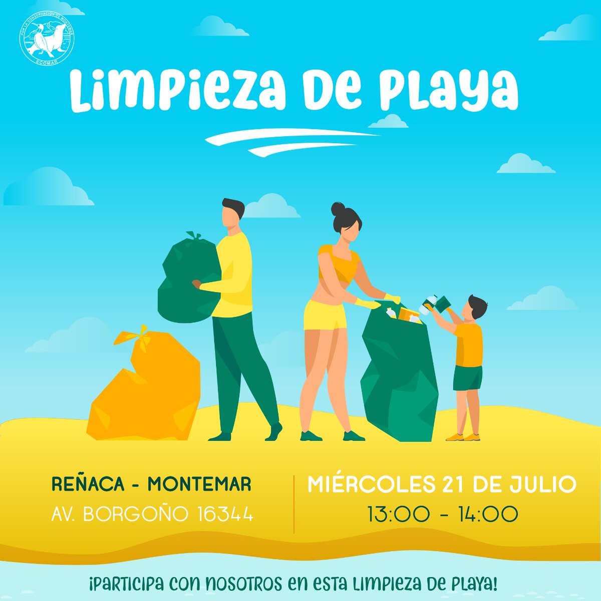 OrgEcomar's tweet image. ¡Los invitamos este miércoles 21 de julio a una nueva limpieza de la playa en Montemar - El Encanto - Reñaca, desde las 13:00 hasta las 14:00!.

🌊¡LOS ESPERAMOS!🌊

🔸 Recuerda traer ropa comoda, agua y un gorrito para el sol. Confirmar su asistencia por DM🔸