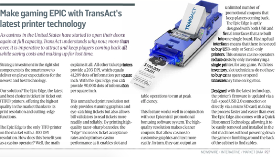 TransActTech's tweet photo. #TACTNews: TransAct's Epic Edge TITO printer is featured in @g3magcom's Summer Product Showcase edition. Check it out here:
https://t.co/JLqnrYPqY4 https://t.co/A0xnO4bKRu