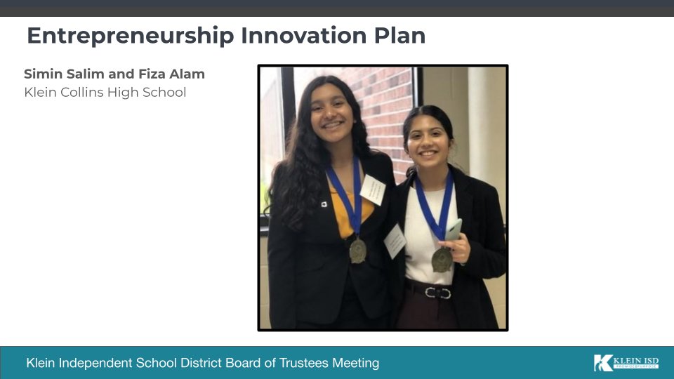 Notably, the <a href="/KleinCollins/">Klein Collins High School</a> DECA team made up of students Simin Salim &amp; Fiza Alam placed at the International Career Development Conference with their innovative design for a personal safety product! WOW! Way to go &amp; thank you to their sponsors Ms. Brenda Vines &amp; Dawn Murphy! 👏👏