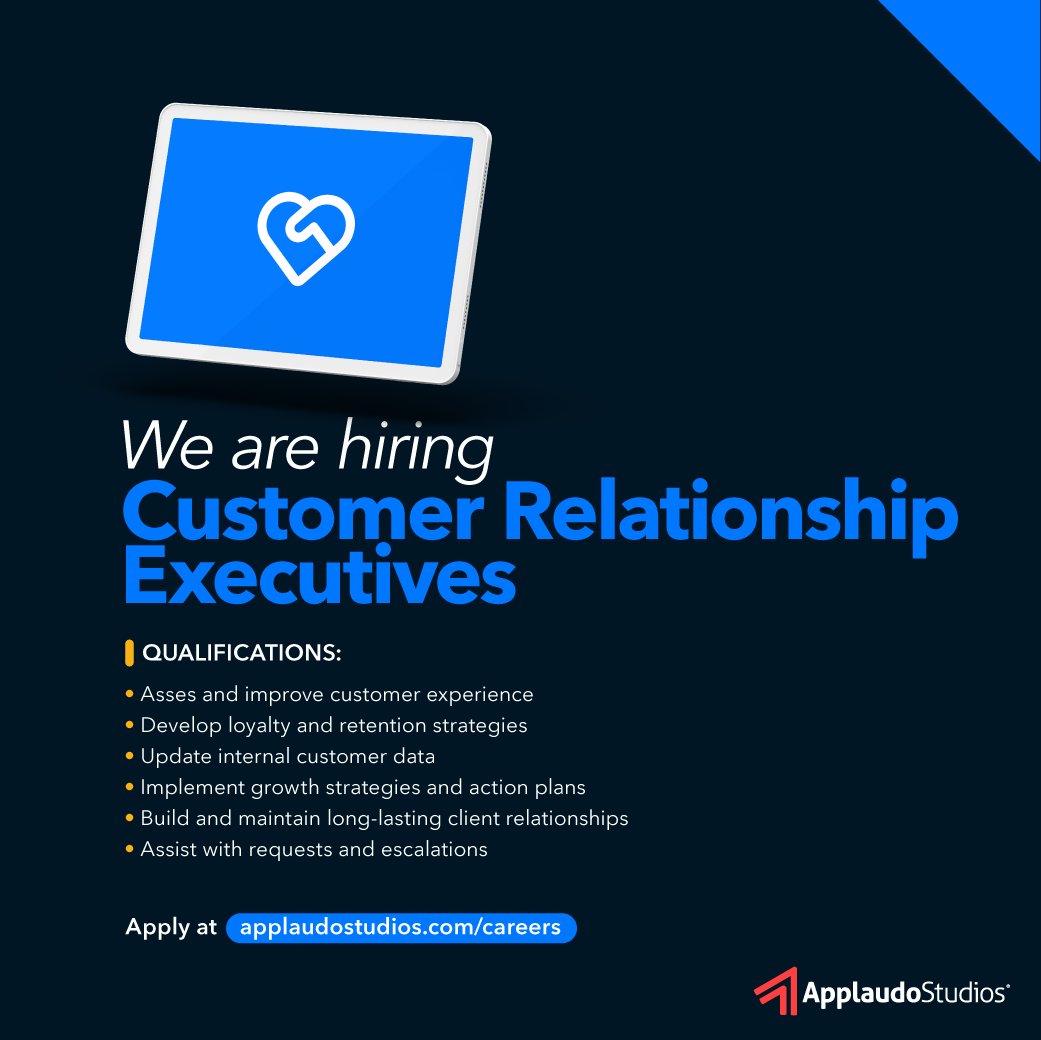 applaudo_'s tweet image. We are looking for Customer Relationship Executives to join the best digital team in the region! Visit applaudostudios.com/careers for more details about all our open positions. 

The hiring and onboarding process is held remotely.

#BestPlaceToCode #TechMadeinLATAM