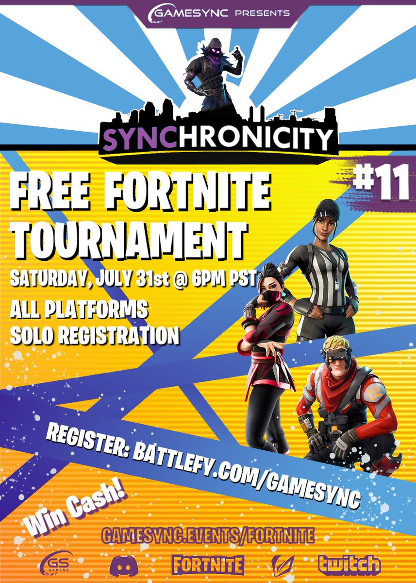 We are very excited to announce the return of our FREE #Fortnite online #esports #tournaments with Synchronicity #11! Compete in our action-packed, cross-platform event for your share of the minimum $25 prize pool. Make sure to register now as space is limited! #GameSyncEsports