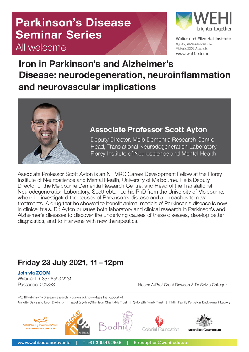 Join us Friday 23rd July, 11am AEST for the <a href="/WEHI_research/">WEHI (Walter and Eliza Hall Institute)</a> Parkinson's Disease online seminar from A/Prof Scott Ayton <a href="/ayton_scott/">Prof Scott Ayton</a> <a href="/TheFlorey/">The Florey</a> on understanding the causes of, and developing new treatments for, Parkinson's and Alzheimer's disease.
#Parkinsonsdisease