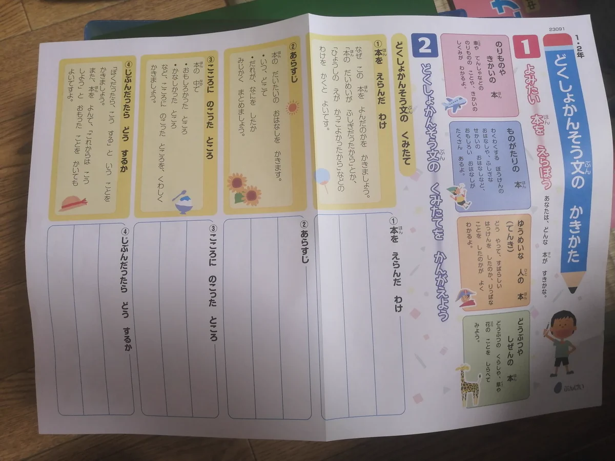 昔の読書感想文はこんなの無かった。今の小学生は「進め方のテク」が配られているんだね。拝み倒したい。