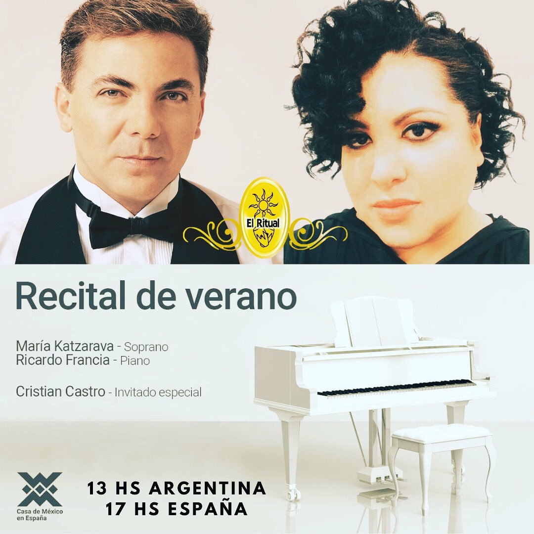 VeroCristian4's tweet photo. ✔️Gran evento via streaming @maria_katzarava y @CristianCastro compartirán escena en la @casademexicoespen en Madrid el próximo sábado 24 de julio 17:00 hrs 🇪🇸 
El acceso será libre a través de la fanpage en Facebook del recinto  https://t.co/w2o4EyK76h https://t.co/02nrrV17Au
