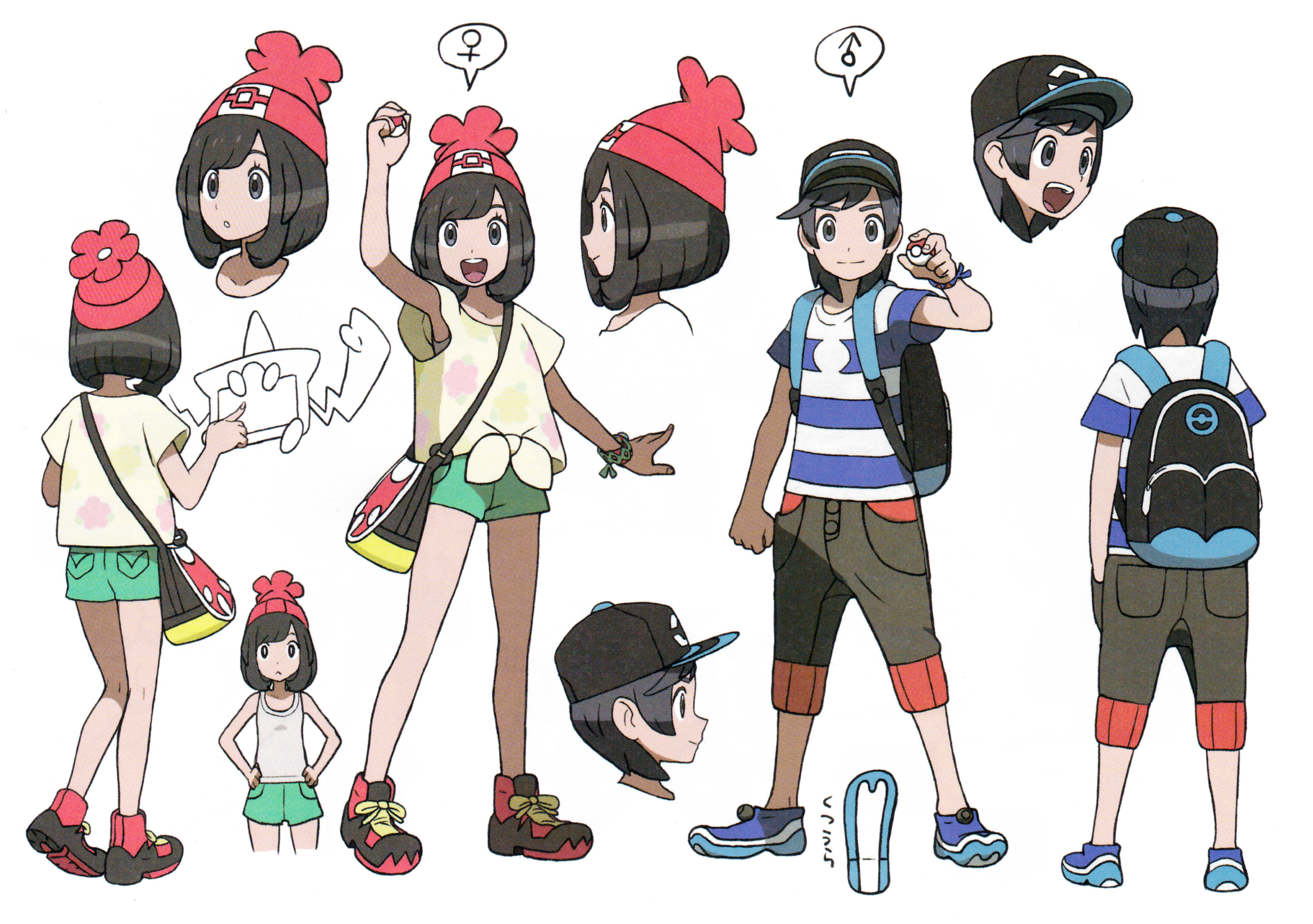 Pokemon Arts And Facts Concept Art Of Selene And Elio For Pokemon Sun And Moon Turn Arounds Of Characters Include Selene Interacting With The Rotom Pokedex And The Sols Of