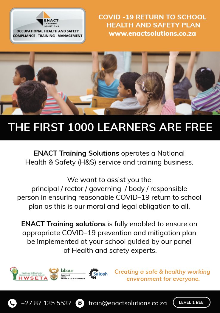 SolutionsEnact's tweet image. #EnactTrainingSolutions operates a National 
Health &amp;amp; Safety (H&amp;amp;S) service and training business. 

We want to assist you the principal/rector/governing/body responsible person in ensuring a reasonable COVID–19 return to school plan.

📞 +27 87 135 5537