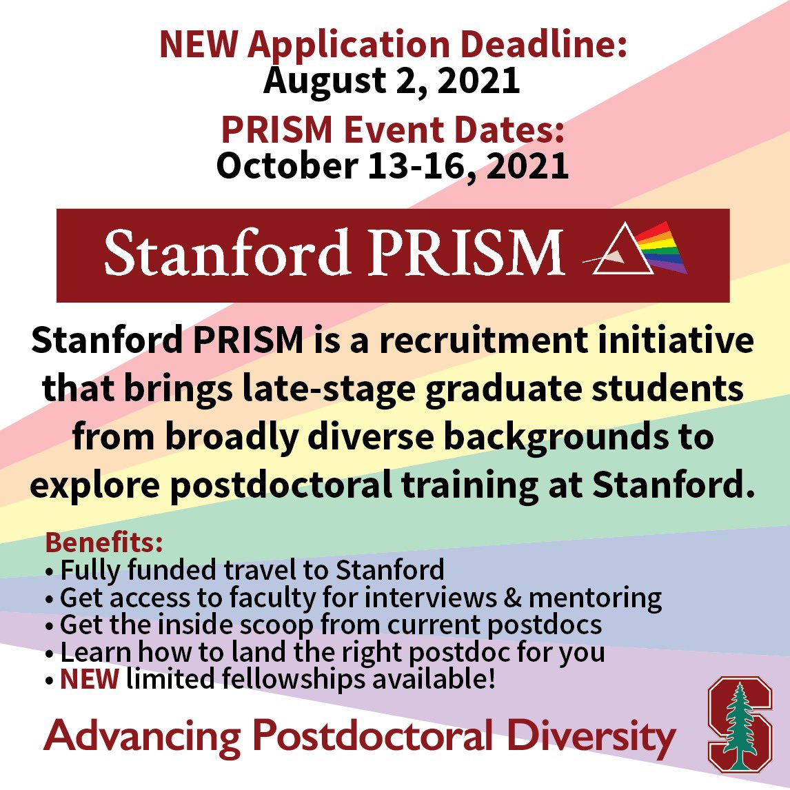Stanford Postdocs (@stanfordopa) on Twitter photo <a href="/StanfordOPA/">Stanford Postdocs</a>’s application deadline for #PRISM has been extended to 8/2/21!
PRISM is a recruitment initiative built to connect prospective postdocs with faculty. PRISM fellowship funding is also available so visit our website & APPLY NOW at:
🙌📚🔬🧬🦠
postdocs.stanford.edu/PRISM <a href="/StanfordOPA/">Stanford Postdocs</a>’s application deadline for #PRISM has been extended to 8/2/21!
PRISM is a recruitment initiative built to connect prospective postdocs with faculty. PRISM fellowship funding is also available so visit our website & APPLY NOW at:
🙌📚🔬🧬🦠
postdocs.stanford.edu/PRISM