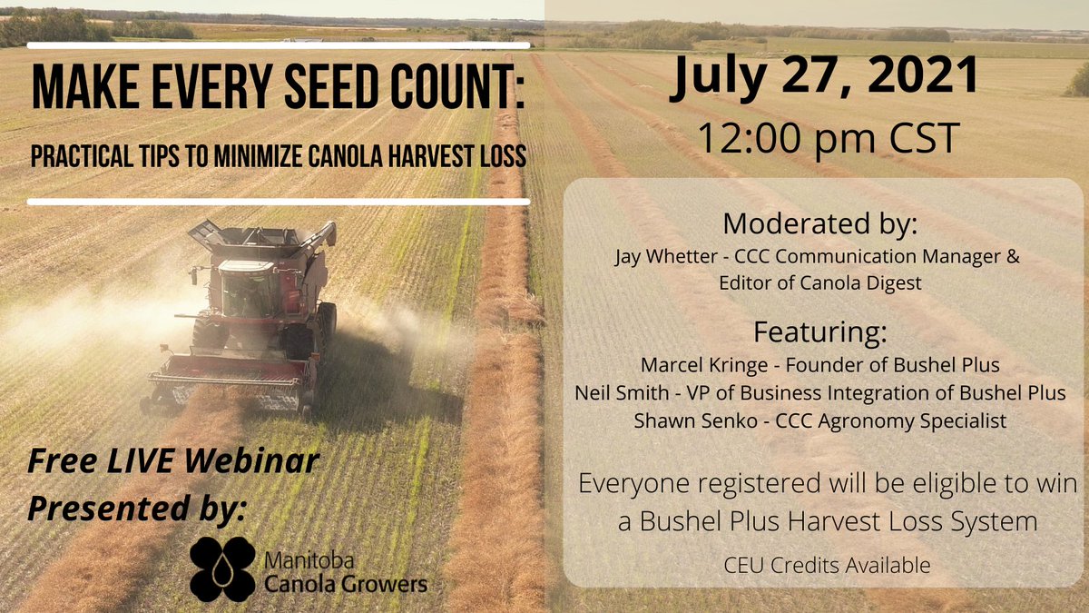 With canola prices up &amp; dry hot conditions persisting across the prairies it is more important than ever to capture every seed this harvest.  

Join us for our Make Every Seed Count - Canola Harvest Webinar next week July 27 at noon (CST)

Register here. 
us02web.zoom.us/webinar/regist…