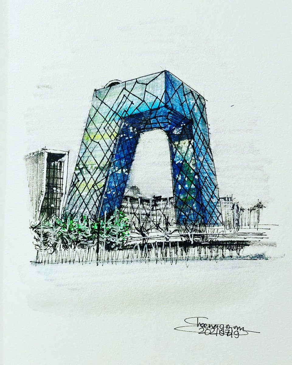 A not so quick sketch and colors of the CCTV Building by Rem Koolhaas. #cctvbuilding #remkoolhaas #sketchaday #sketch #quicksketch #color #watercolor #coloredpencil #linework #pen #ink #learning #archsketch #artsketch #architecture #arch #archdrawing #drawing #selfchallenge