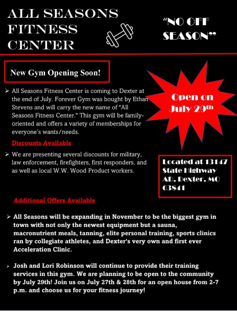 showmetimes's tweet image. Congratulations Ethan Stevens!!  Owner of All Seasons Fitness Center!  Opening July 29th.  Join them for an Open House on July 27th and 28th from 2 p.m. - 7 p.m. and choose All Seasons for your fitness journey!!!