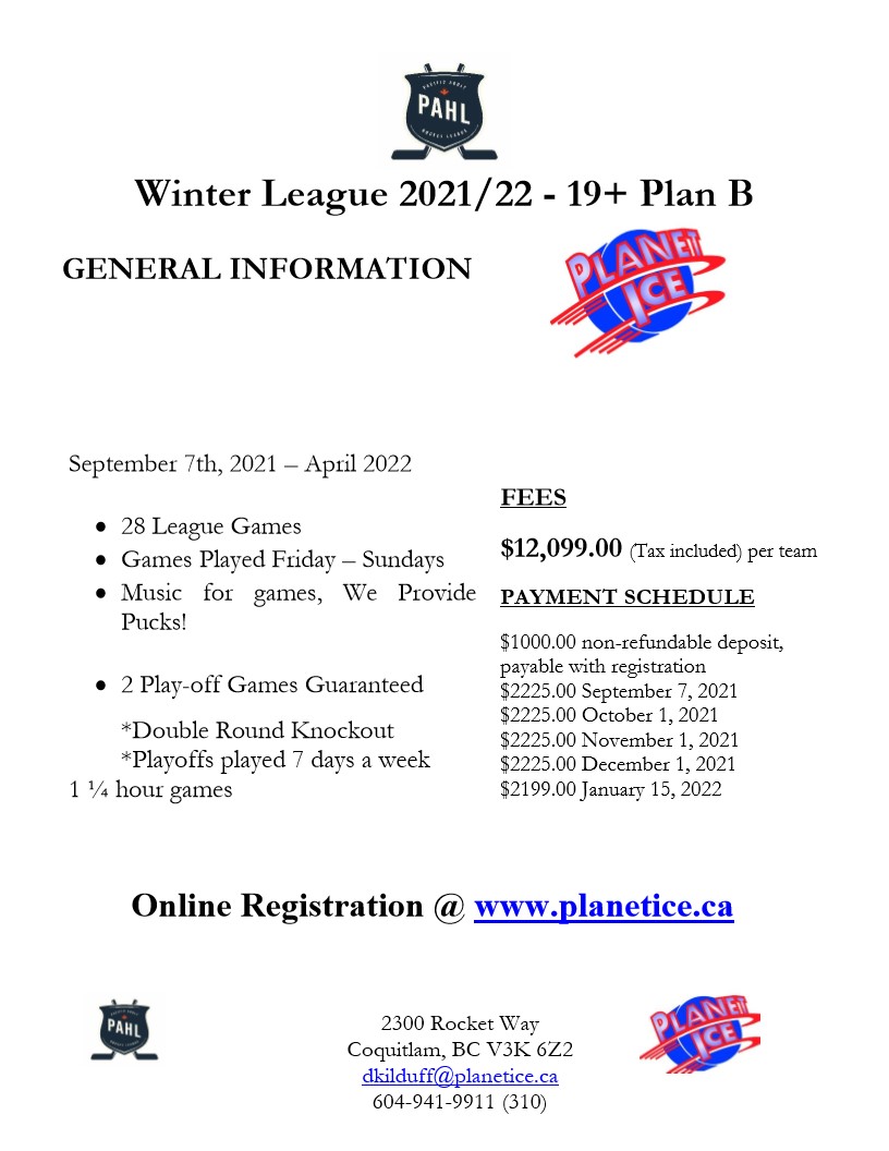 Register now in the PAHL in Coquitlam! #PAHL #adulthockey #winterleague #hockey