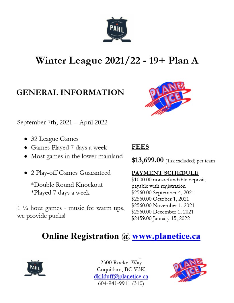Register now in the PAHL in Coquitlam! #PAHL #adulthockey #winterleague #hockey
