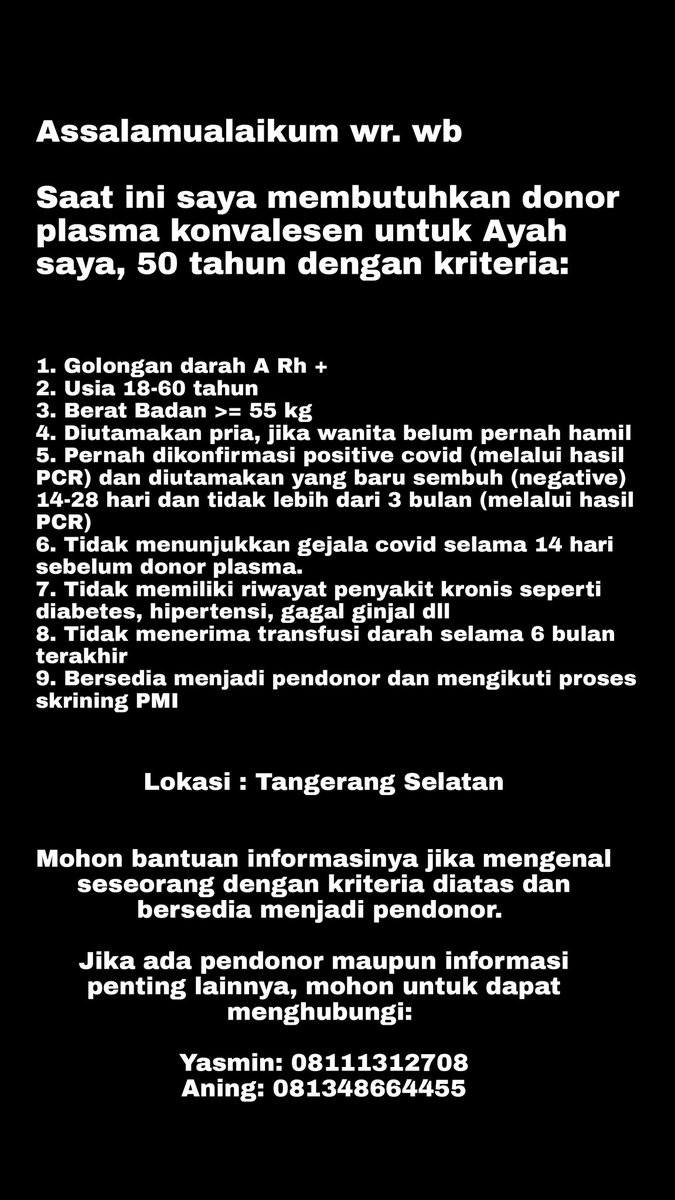 pochiocco's tweet photo. guys, help RT please🥺💛
dibutuhkan segera donor plasma kovalen golongan darah A+ untuk papa aku, wilayah tangerang selatan

urgent⚠️ kalau ada yg bersedia jadi donor, atau punya info bisa dm aku ato hubungi nomor dibawah 

Terima kasih banyak https://t.co/PGaJA91uw3
