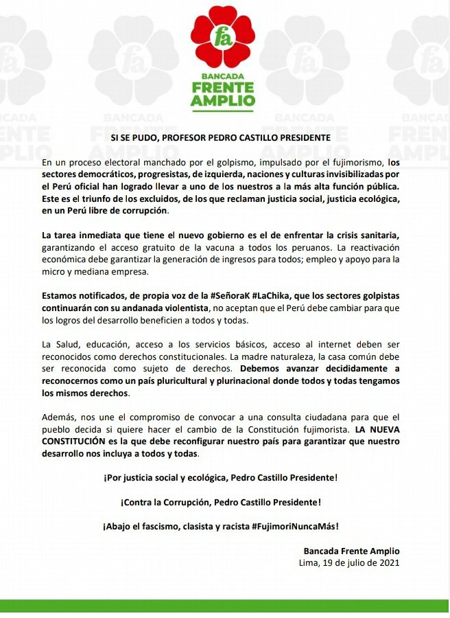 🇵🇪#BancadaDelPueblo SI SE PUDO, PROFESOR PEDRO CASTILLO PRESIDENTE La tarea inmediata del nuevo gobierno es enfrentar la crisis sanitaria, garantizar el acceso gratuito de la vacuna. La reactivación económica debe generar ingresos, empleo y apoyo para la micro y mediana empresa.