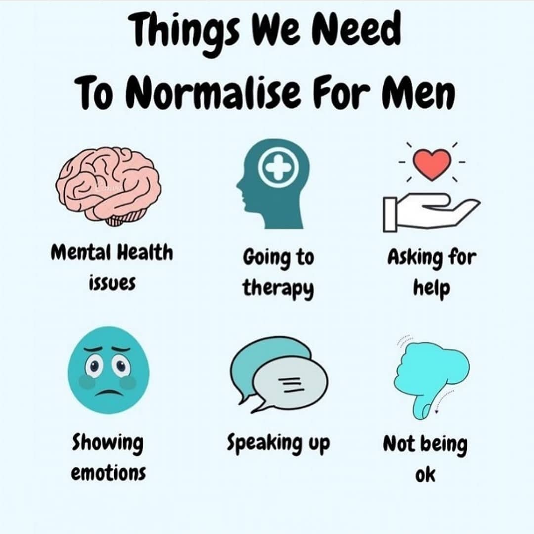soleefforts's tweet photo. Things we need to normalise for men
#anindividualefforts #men #mentalhealthawareness #menstruggletoo #mensrights #normalthings #mentalhealthissues #goingtotherapy #askingforhelp #showingemotions #speakingup #notbeingokayisokay #mentalhealth #menrightsarehumanrights https://t.co/YkQQcoopQ6