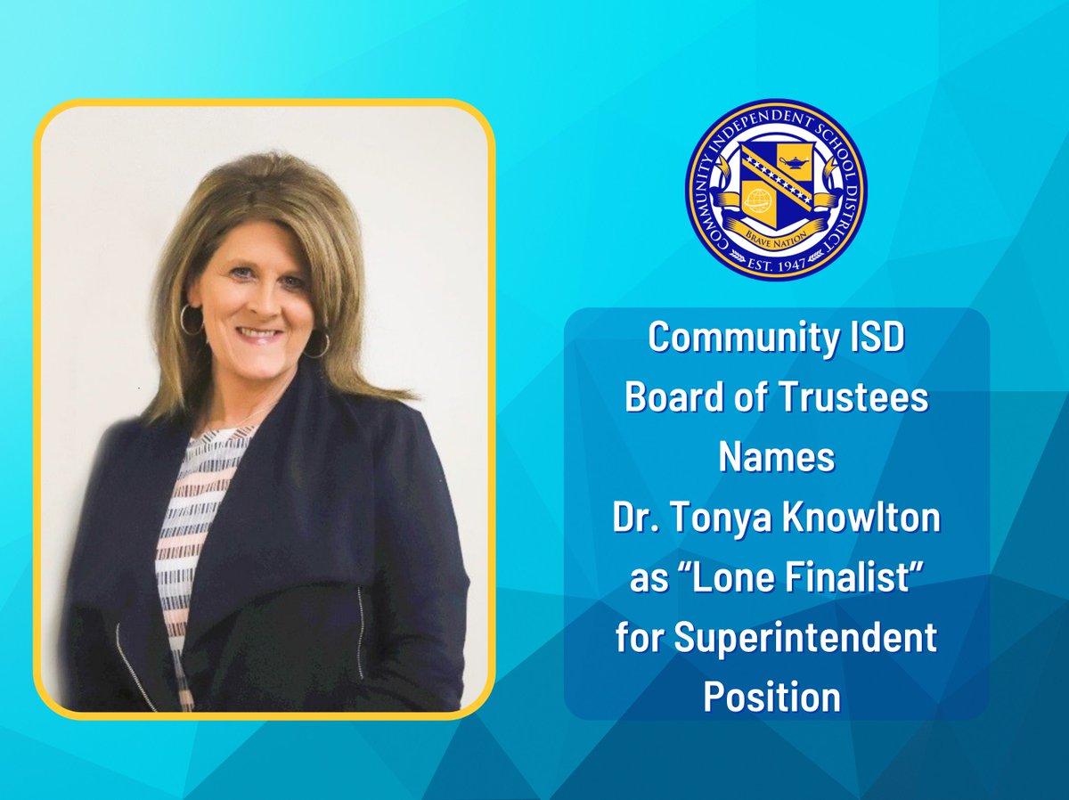 Please join us in welcoming Dr. Tonya Knowlton and her family to #BraveNation!

In a special board meeting tonight, Dr. Knowlton was named as the "lone finalist" for the superintendent position.

Read more about it here: cisd.tiny.us/DrKnowlton

#community
